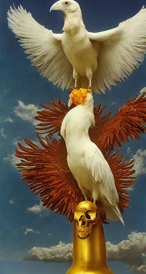 Image similar to photographic masterpiece of an albino raven standing on a golden skull with mexican pattens, annie leibovitz, frederic leighton, roger dean