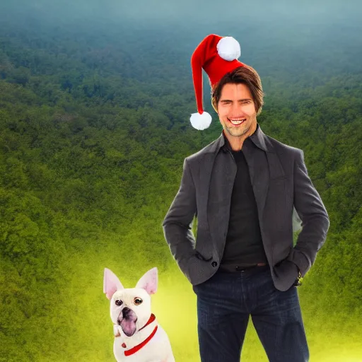 Prompt: tom cruise in costume with a christmas hat and a small dog. tropical forest in the background. sunset lighting.