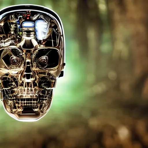 Prompt: super detailed portrait of a terminator's head, packed with cybernetics and and borg enhancements and has optic fibers inside. In a forest with bokeh.