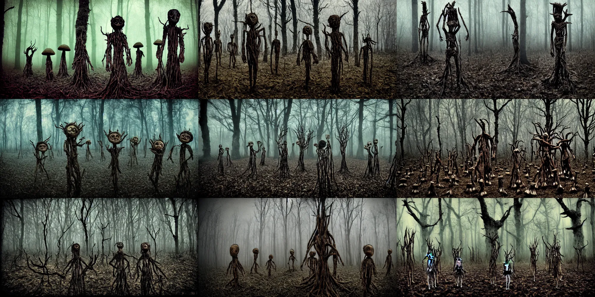 Prompt: terrifying cursed children made of twigs and mushrooms, faces made of bark, disturbing expired old blurry polaroid photograph, creepy haunted mushroom forest, eerie, foggy mist, pans labyrinth, by hideo kojima, hiroya oku, junji ito, deep horror aesthetics, dark fantasy nightmare, silent hill, fisheye lens, low quality