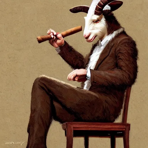 Image similar to commissioned artwork of a furry anthro goat smoking a cigar, three piece suit, painted todd lockwood, jeff easley, greg rutkowski, james gurney, artgerm, digital art, trending on artstation, award - winning, vivid, detailed