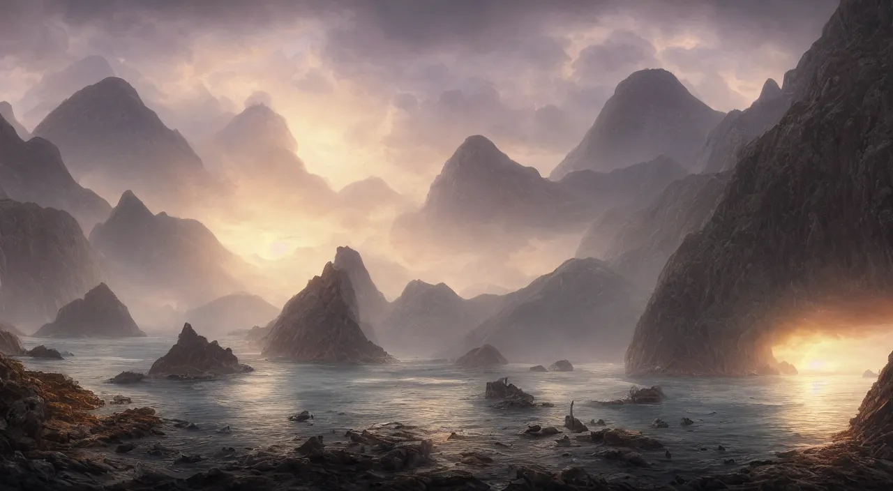 Prompt: hyper realistic detailed matte painting of fiord with one tower ruins, calm foggy sea in the background, sunset lighting, hyperdetailed unreal engine 8 k ultra hd, stanley artgerm lau, rossdraws, james jean marc simonetti ruan jia and mandy jurgens and artgerm and william illustration, digital art, concept art