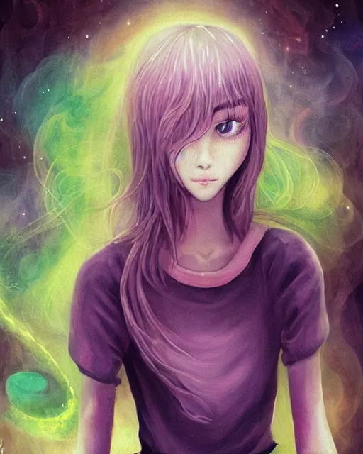 Image similar to a lonesome soul that is imagining becoming a lost soul as a cute and pretty mentally insane young woman inquisitively smirks at you. slender, pretty and stunning young wonan wearing a private school uniform, with mental insanity imagines an image of a psychic energetic state of lucid reality. ultra detailed painting at 16K resolution and epic visuals. epically surreally beautiful image. rendering amazing detail. vivid clarity. ultra shadowing. colors