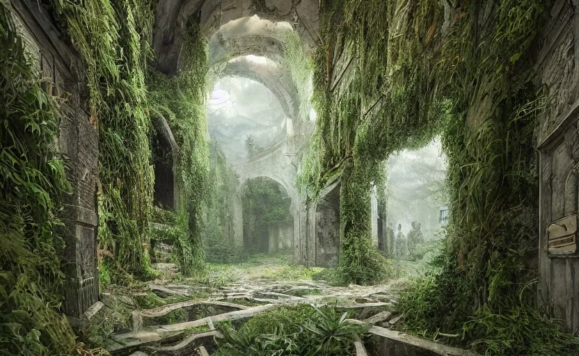 Image similar to Overgrown hallway, immaculate scale, matte painting, digital art, trending on Artstation, hyper-realistic, detailed, ultra detailed