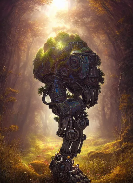 Image similar to Portrait of an Ancient overgrown Robot laying in a clearing, extremly detailed digital painting, sunlight, in the style of Tomasz Alen Kopera and Fenghua Zhong and Peter Mohrbacher, mystical colors, rim light, beautiful lighting, 8k, stunning scene, raytracing, octane, trending on artstation