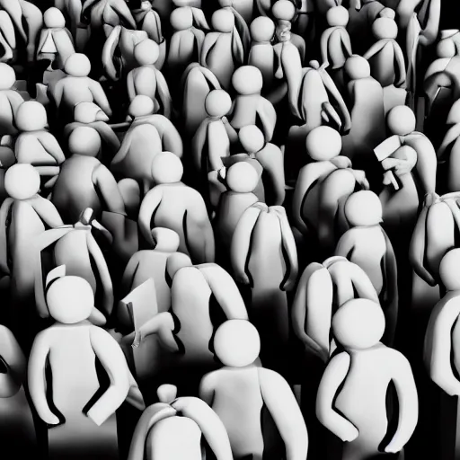 Image similar to Realistic illustration of a 3d render of Useless people, recognized activists making money, community, confused, question marks, depressive, crystal castles