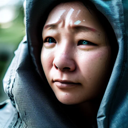 Image similar to photographic portrait of a poor techwear woman with tears in her eyes, closeup, sigma 85mm f/1.4, 4k, depth of field, high resolution, 4k, 8k, hd, full color