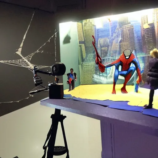 Prompt: a photo of a stopmotion animation filming set of spiderman 3