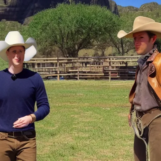 Prompt: mark zuckerberg dressed like a cowboy, wild west