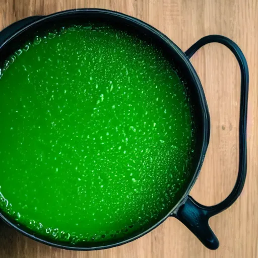 Image similar to brewing violent bubbling green fluid soup, green steam rising from soup