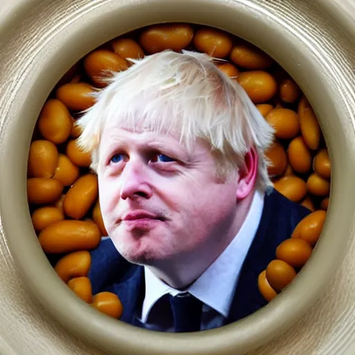 Image similar to boris johnson baked into a bowl of beans