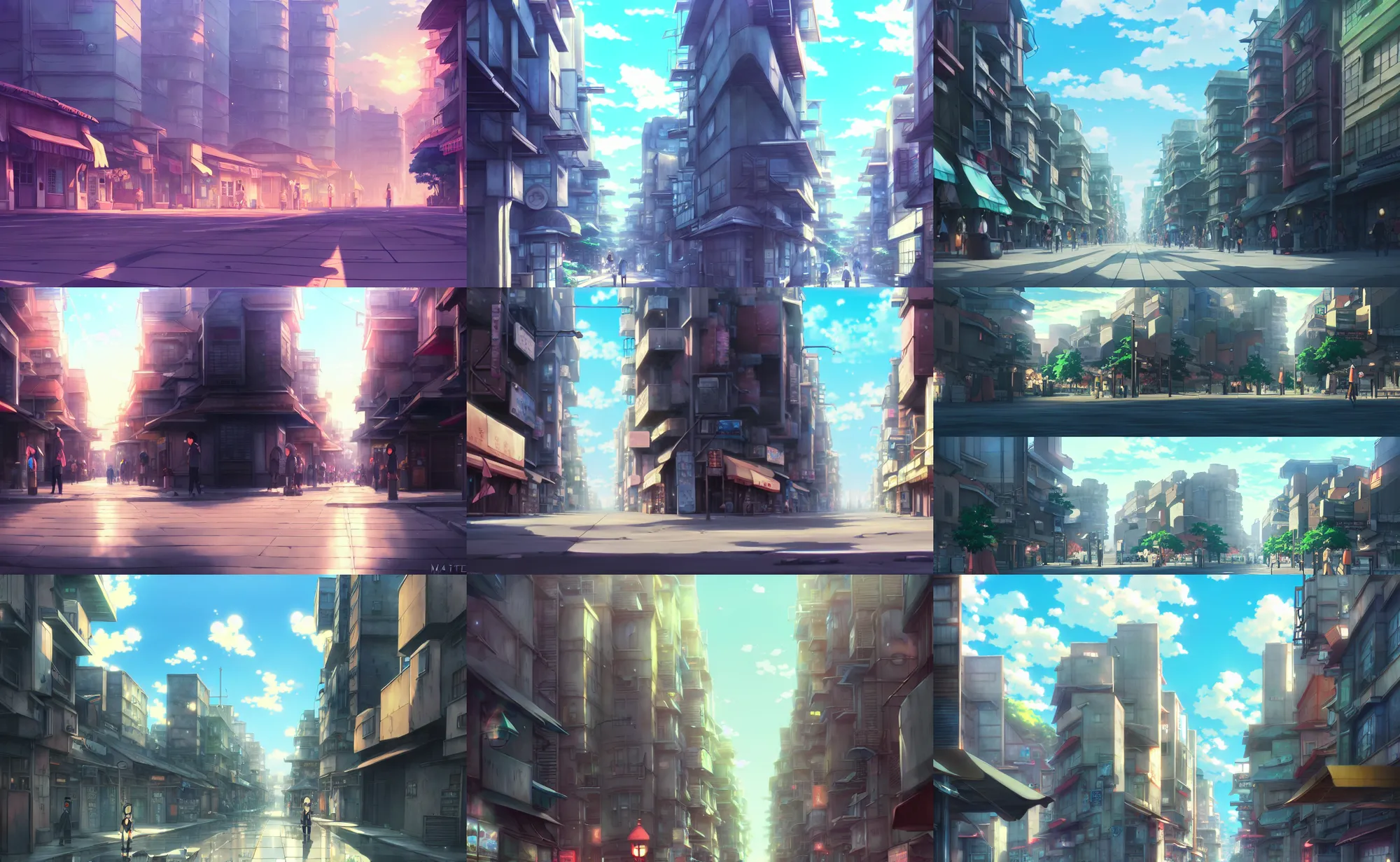 Prompt: an anime movie background matte painting of a city street | | by makoto shinkai, trending on artstation, highly detailed
