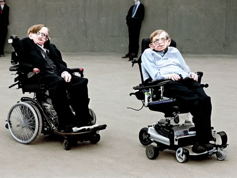 Image similar to a color photo of Stephen hawking in a Skatepark