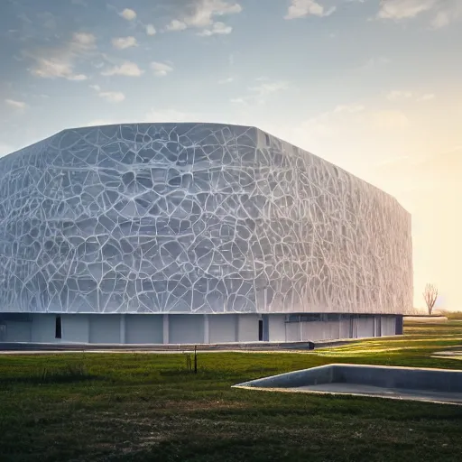 Image similar to Big atom research science building by Beeple and Petros Afshar, high res, award winning