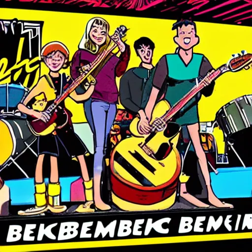 Image similar to bumblebee rock band with instruments on stage from an archie comic book