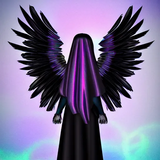 Image similar to character portrait of a modest robed dark raven angel with iridescent black raven wings