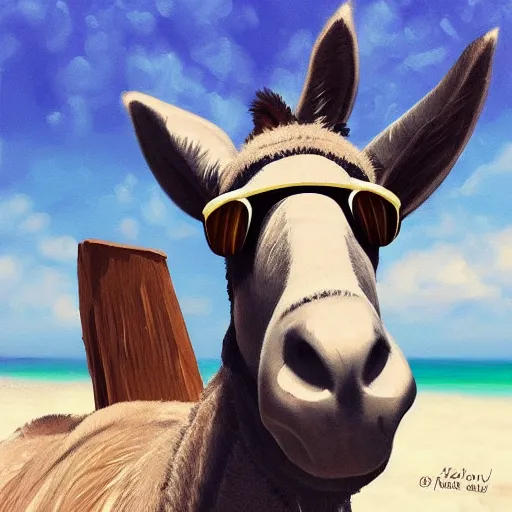 Prompt: A donkey wearing cool sunglasses at the beach, digital art, in the style of Irina French, artstation