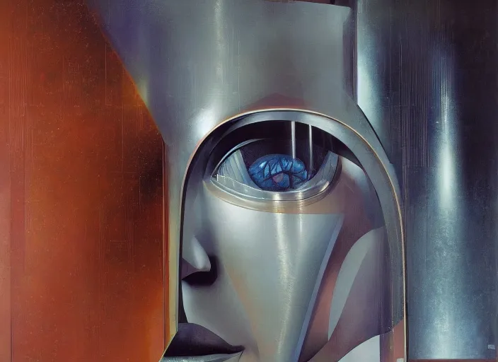 Image similar to a portrait headshot of sci fi metallic human, bright eyes, melancholic complex geometric figure liminal machinery by oskar schlemmer, moebius, john berkey, oil on canvas, portrait facial head, featured on artstation, hd wallpaper