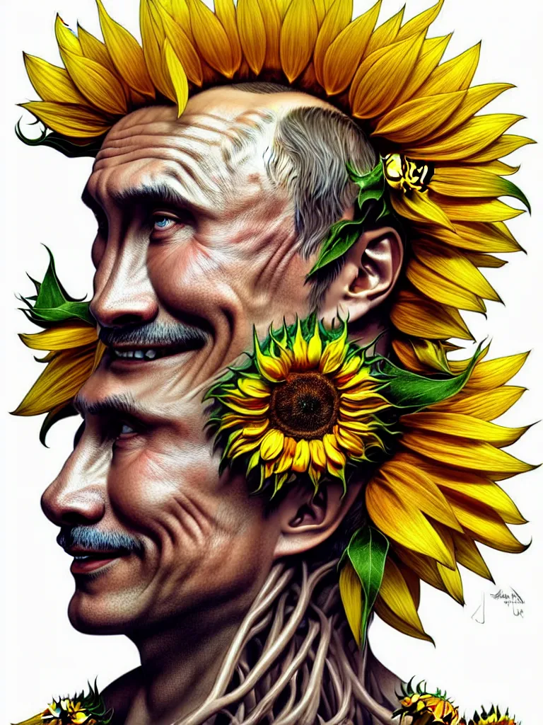 Image similar to digital art, centered full body of Putin smiling king, Sunflower crown, ,intricate, veins, by James Jean and by artgerm , by ross tran ultradetailed, charachter design, concept art, trending on artstation,