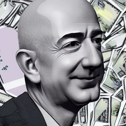 Prompt: jeff bezos sitting on a mountain of money, digital art, artstation, 4k, high quality, ultra detail