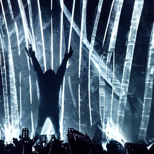 Image similar to gigantic Trent Reznor smashing guitars, group of people on stage playing instruments, elaborate stage effects, dust, smoke, giant LED screens, colored projections, ultrafine detail, cybersuit, glowing thin wires, smoke, high contrast, projections, holography, volumetric lighting