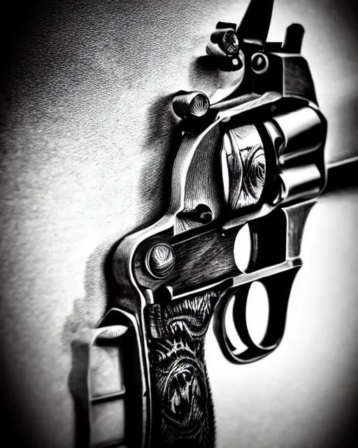 Prompt: realistic detailed revolver, black and white polaroid, western, high production value, intricate details, high resolution, hyperrealistic, hdr, high definition, award winning photography, masterpiece, ultra realistic, highly detailed, hd, sharp focus, cinematic lighting, shaded, non blurry, sharp, smooth