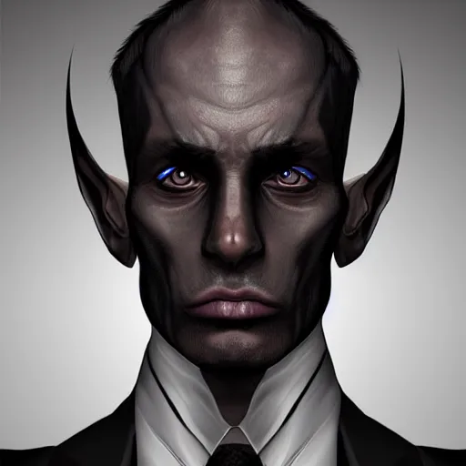 Image similar to Hyper realistic portrait of a dark elf, shoulder length black hair, wearing a suit, sharp facial features, digital art, highly detailed, trending on artstation