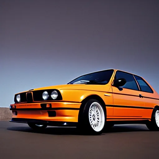 Image similar to orange bmw e 3 0 m 3, floating in outer space