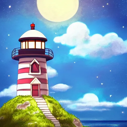 Image similar to beautiful cute cozy little lighthouse by the sea and a cozy cottage, well and fence, puffy clouds, stars, moon, anime style of hayao miyazaki, digital art trending on artstation