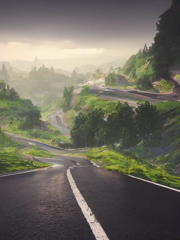 Image similar to photo of 8k ultra realistic beautiful winding road, small town, hills, pylons, heavy rain, full of colour, cinematic lighting, battered, trending on artstation, 4k, hyperrealistic, focused, extreme details,unreal engine 5, cinematic, masterpiece, art by studio ghibli