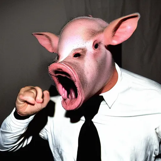 Prompt: creppy 2 0 0 3 photo of a pig masked man screaming in a dark room