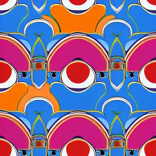 Image similar to seamless pattern of large colorful arches in escher style horizontal multilayers minimalism wallpaper