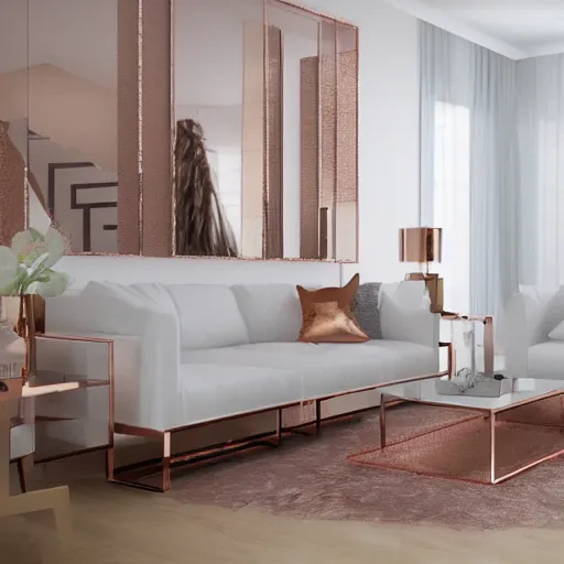 Image similar to 3 d render of white living room with rose gold metallic accents