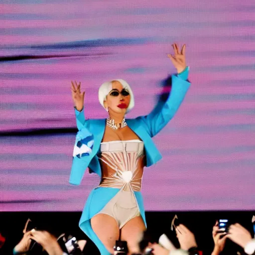 Image similar to Lady Gaga as president, Argentina presidential rally, Argentine flags behind, bokeh, giving a speech, detailed face, Argentina