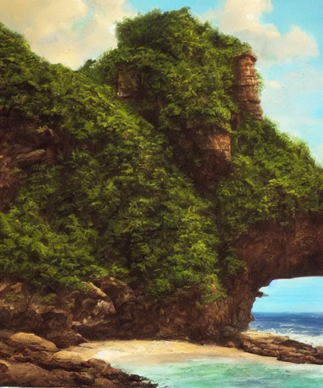 Image similar to photorealistic painting of turtle bay beach jamaica, sharp cliffs, island with cave, dark, atmospheric, brooding, smooth, finely detailed, cinematic, epic, in the style of clyde caldwell