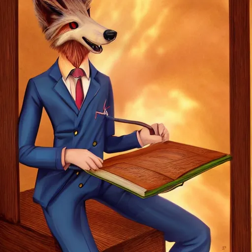 Image similar to award - winning extremely detailed fantasy art of a cute male anthropomorphic vulpes vulpes fulva teacher wearing suit working at a school, 4 k