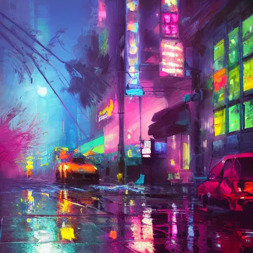 Image similar to acrylic painting, impressionism and expressionism, strong emotional impact, bold pastel colors, expressive brushstrokes, puddles, an art deco streetscape lined with beautiful flowers, by liam wong and tyler edlin, trending on artstation
