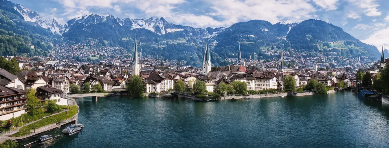 Prompt: Photo of Zurich, in the Alps, Limmat at the lake, Hardturm, Grossmünster, wide angle, volumetric light, hyperdetailed, light blue water, artstation, cgsociety, 8k