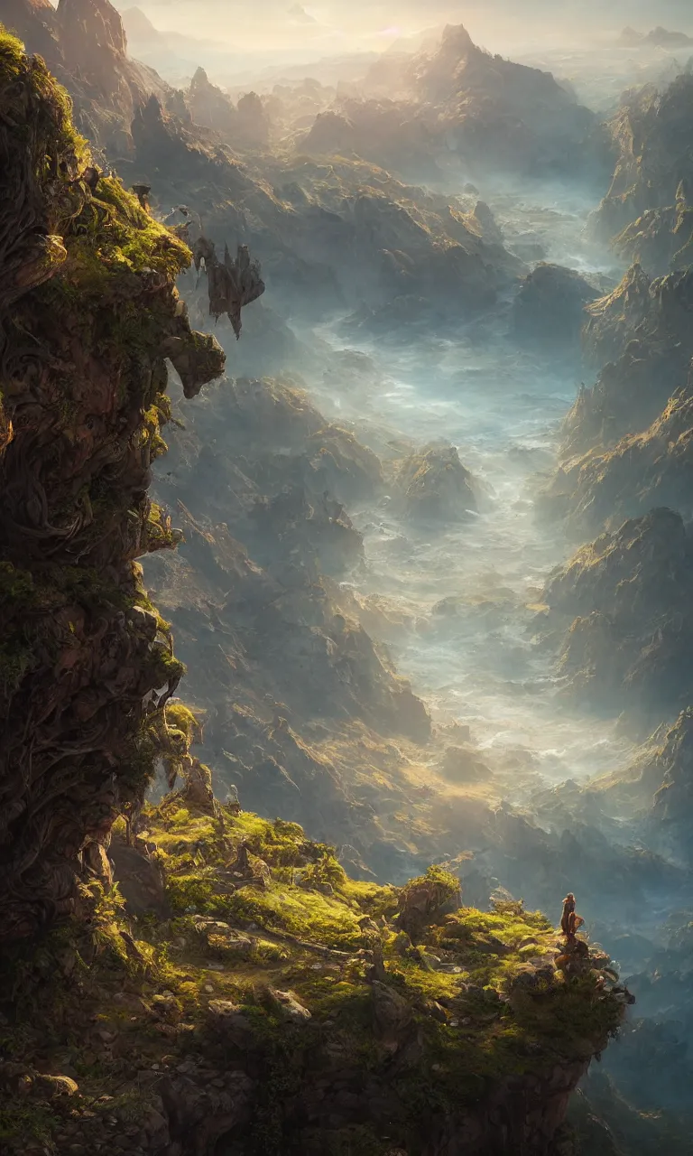 Image similar to an oil art view from a cliff looking out to a fantasy mountain landscape, 4 k, ultra detail, volumetric lighting, unreal engine, octane render, tom bagshaw, andreas rocha