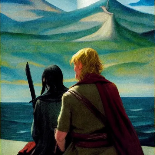 Image similar to the fellowship of the ring movie poster painted by edward hopper