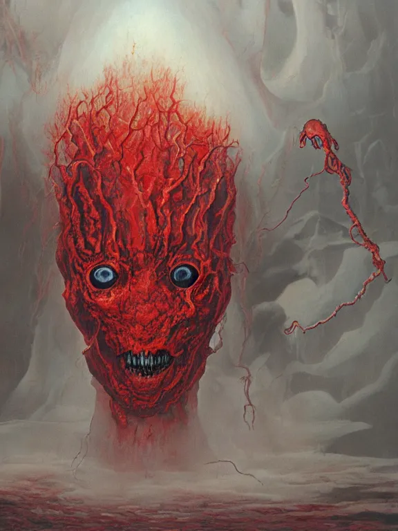 Image similar to wayne barlowe painting of a flying sorrowful looking severed human head with tears running down it's eyes, face that is chalk white in color, with long white tentacles stemming from it's neck, fiery scorching red eyes, background sprawling terrifying hellish cave with lava flowing through it's walls, 4 k