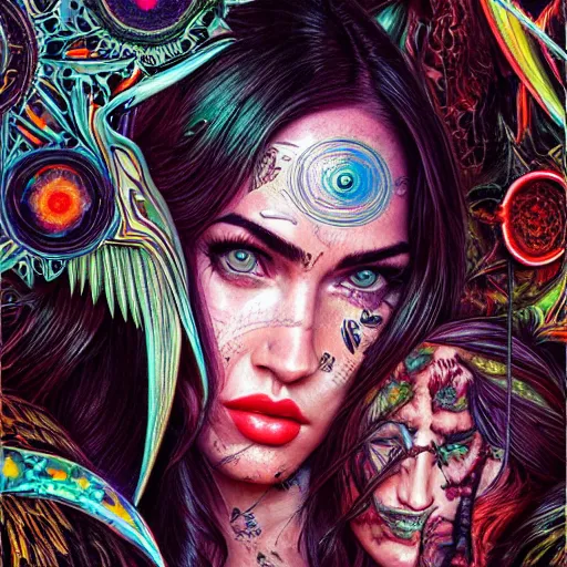 Image similar to portrait of megan fox, hyper detailed masterpiece, neon floral pattern, jean giraud, digital art painting, darkwave goth aesthetic, psychedelic, artgerm, donato giancola and tom bagshaw