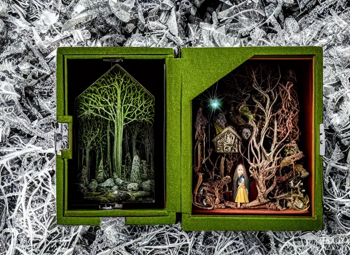 Image similar to photo of a crystal box with wonders inside in the forest. Fantasy horror style. Highly detailed 8k. Intricate. Nikon d850 55mm. Award winning photography.