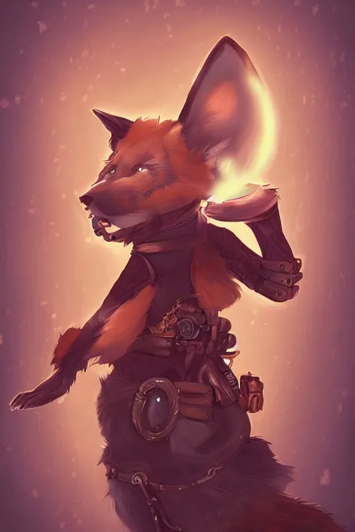 Image similar to an anthropomorphic steampunk fox, backlighting, trending on artstation, digital art, furry art, trending on furaffinity, fantasy art, by kawacy, view from behind