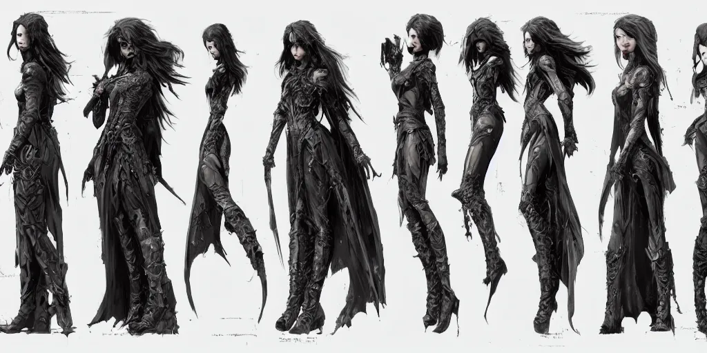 Prompt: gothic character front detail designs, Milo Manara, Greg Rutkowski, character sheet, Darek Zabrocki, Karlkka, Jayison Devadas, Phuoc Quan, trending on Artstation, 8K, ultra wide angle, pincushion lens effect