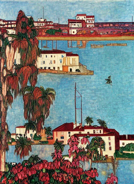 Prompt: bayonne bridge on local river, 3 boat in river, 2 number house near a lot of palm trees and bougainvillea, hot with shining sun, painting by egon schiele