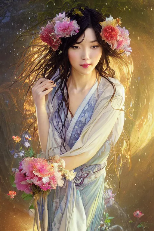 Image similar to portrait of a beautiful woman wearing a yukata, holding a bouquet of flowing flowers, drenched body, silver hair, wet dripping hair, emerging from the water, dark fantasy, regal, fractal crystal, fractal gems, by ross tran, stanley artgerm lau, thomas kindkade, alphonse mucha, loish, norman rockwell