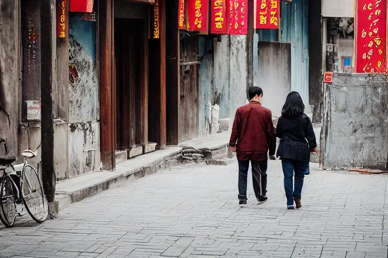 Prompt: A photograph of Two lovers walking on empty street in Beijing Hutong , golden time, capture ,quiet, joy, moving, warmth, light and shadow ,color photography.