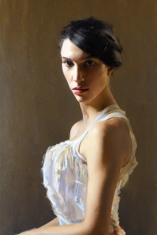 Prompt: Richard Schmid and Jeremy Lipking full length portrait painting of a young beautiful flamenco dancer