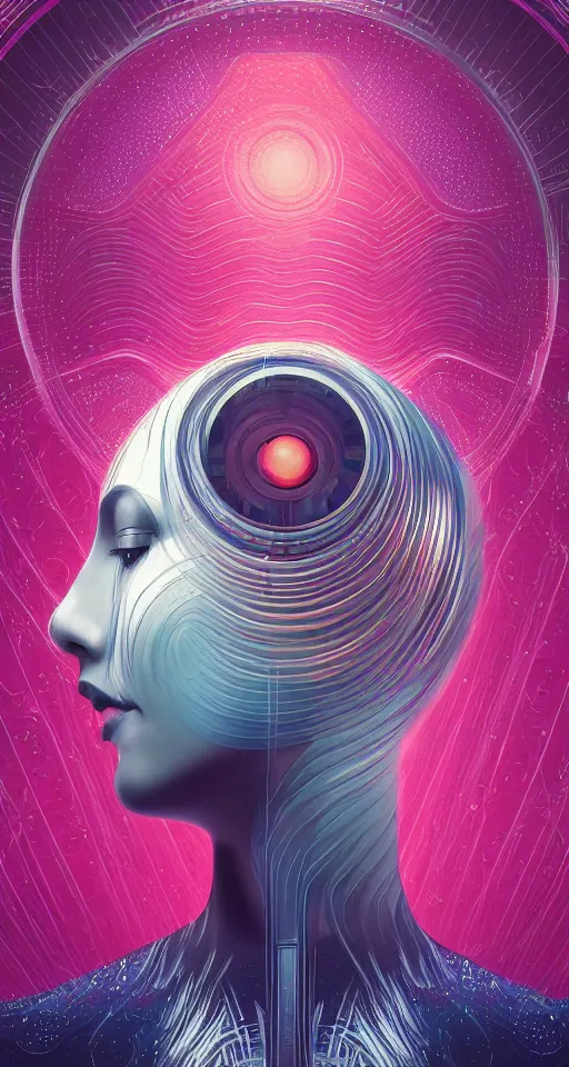 Image similar to art deco close up portait of head surrounded by spheres, rain like a dream digital painting curvalinear clothing cinematic dramatic fluid lines otherworldly vaporwave interesting details epic composition by artgerm